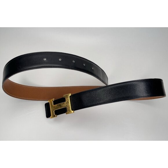 HERMES Gold H Reversible Black and Tan Leather Belt 85 Made in France - Picture 13 of 13